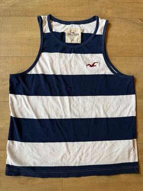 Y2K Hollister Navy White w Red Logo Striped Tank 100% cotton nautical preppy XL